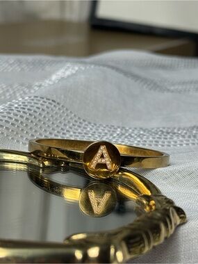 Initial Letter A Gold Crystal Signet Bracelet Hinged clasp